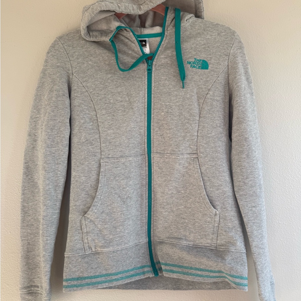 The North Face Light Gray Hoodie with Teal Accents